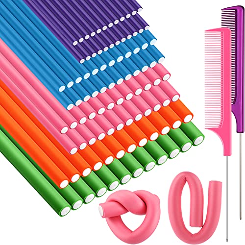 Tigeen 96 Pieces Flexible Curling Rods 9.45 Inch Soft Twist Foam Hair Curling Rollers No Heat Hair Rods Rollers with 2 Pieces Rat Tail Comb(Multi Size,Multi Color)