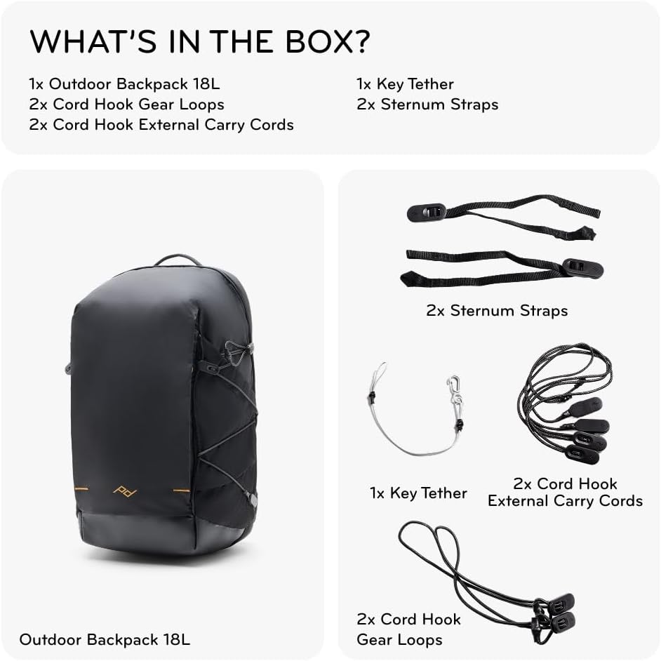 Peak Design Outdoor Backpack 18L, Black, Compact and Lightweight Frameless Daypack, 270-Degree Rear Zip, Ideal for Day Hikes, Hydration, Camera Carry & Commuting, Versatile Backpack for Men and Women