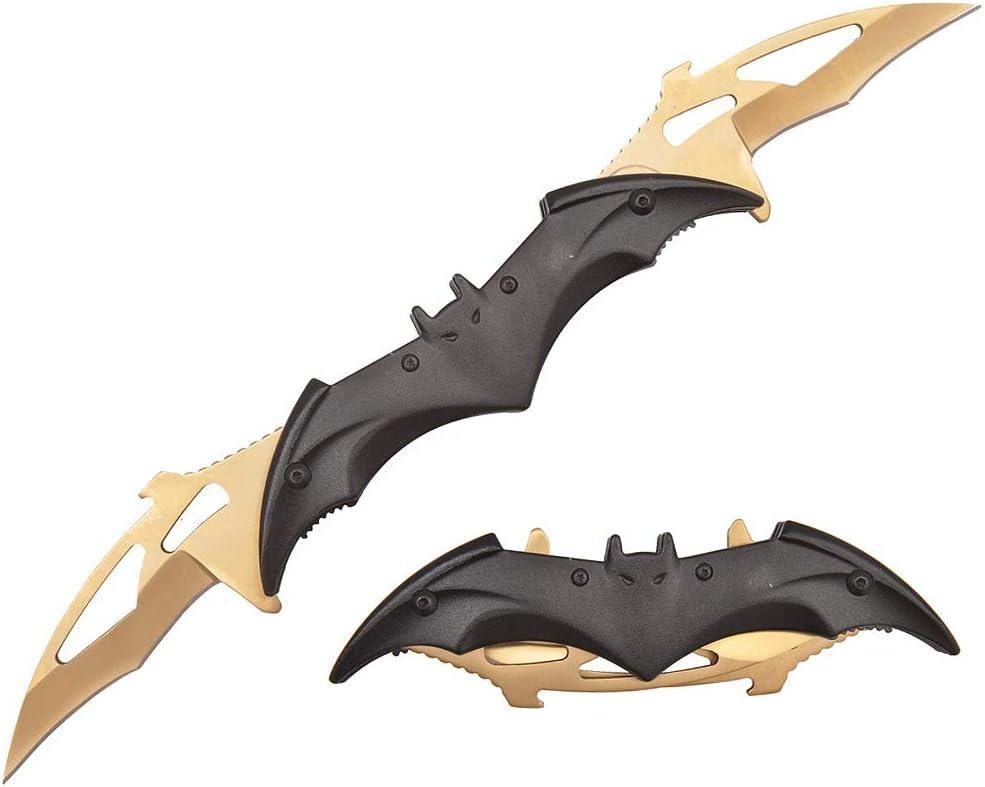 Bat Knife Twin Blade - Pocket Folding Spring Assisted Dual Blades Knives With Belt Clip Rainbow, Red, Black, Gold And Silver (total black-black)