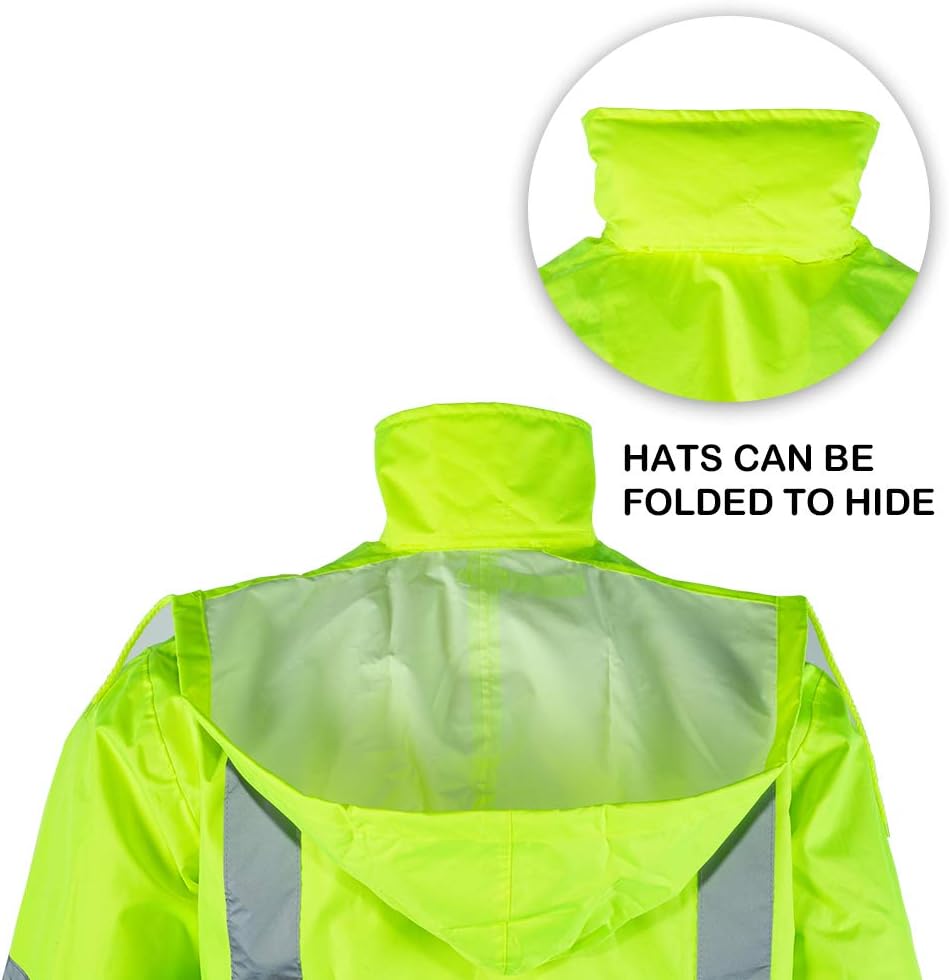FONIRRA Class 3 High Visibility Rain Suit With Collapsible Hood Lime Reflective Safety Waterproof Worker Jacket & Pants (L/XL Yellow)