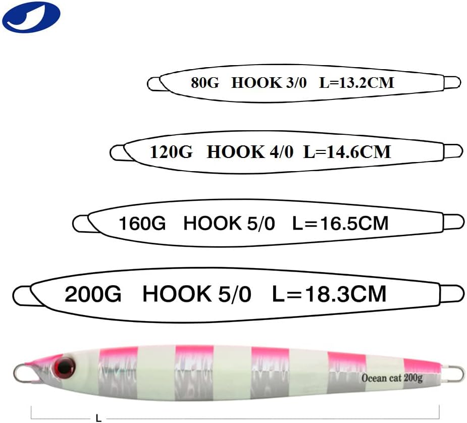 OCEAN CAT 1 PC Slow Fall Pitch Fishing Lures Sinking Lead Metal Flat Jigs Jigging Baits with Hook for Saltwater Fishing 4 Colors 160G/200G