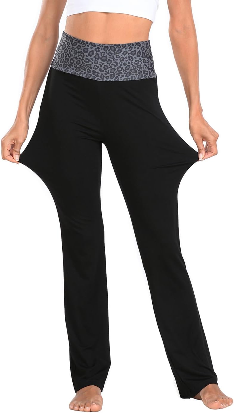 HDE Women's Color Block Fold Over Waist Yoga Pants Flare Leg Workout Leggings