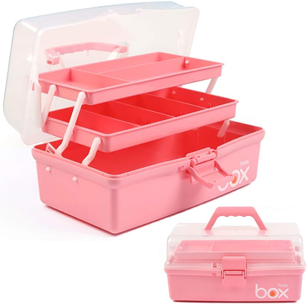 TERGOO 12in 3-Layer Plastic Craft Organizers and Storage, Portable Folding Tackle Box with Handle & Adjustable Dividers, Multipurpose Case for Sewing, Art Supplies, Medicine, Tools (White Pink)