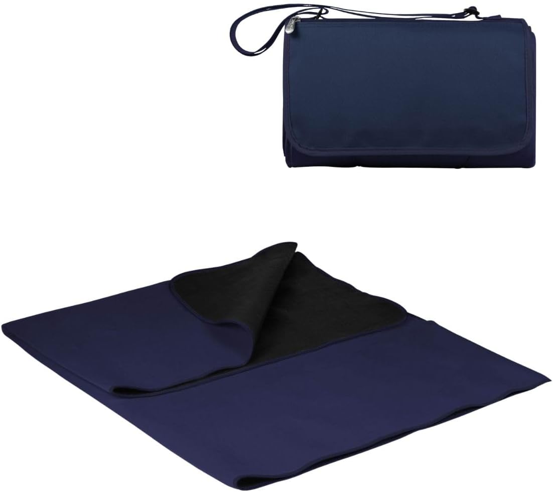 PICNIC TIME Outdoor Picnic Blanket Tote, 59"x51" Foldable Beach & Camping Blanket with Soft Fleece, Water-Resistant Bottom, Adjustable Strap & Zippered Pocket (Navy Blue with Blue Flap)