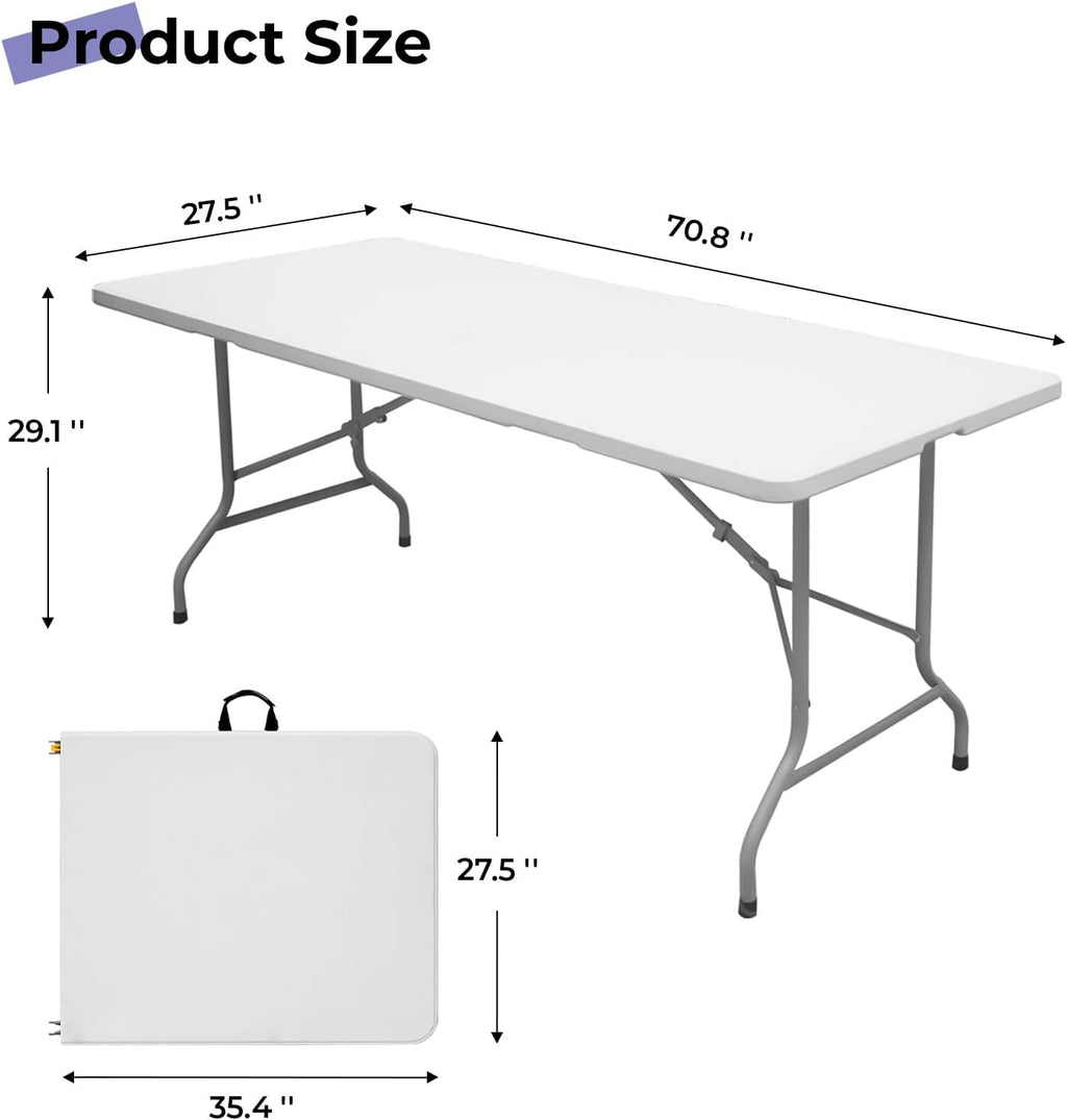 6ft Folding Table, Portable Heavy Duty Plastic Table for Party, White
