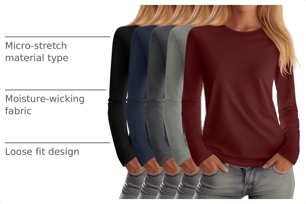 Huukeay 5 Pack Women's Crew Neck Long Sleeve Shirts