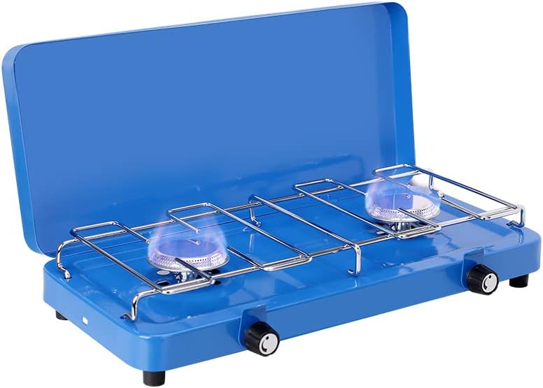 CAMPLUX 2 Burners & 1 Grill Propane Camping Stove, 15,000 BTU Portable Outdoor Propane Camping Grill Burner with Free Standing Legs, Auto-Ignition Gas Stove with Regulator, Red