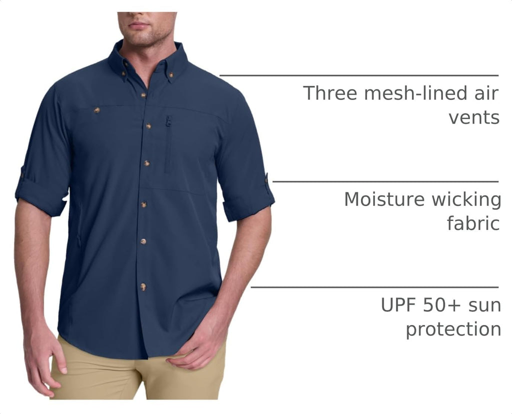 33,000ft Men's UPF 50+ UV Protection Long Sleeve Hiking Shirts Breathable Quick Dry Fishing Shirts for Safari, Outdoor