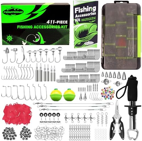 411-Piece Fishing Gear Accessories Kit, [2025 NEW] Tackle Box with Pliers, Fish Lip Grips,Tackle Storage Trays, Hooks, Weights, Jig Heads, Swivels, 21 Pre-Made Rigs – Fishing Gear for Lures Fishing
