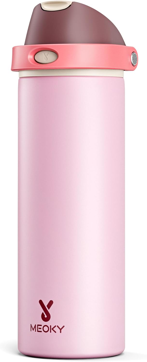 24 oz Insulated Water Bottle for Sports: Meoky Stainless Steel Water Bottle with Straw and Spout Lid - Leak Proof, Cold for 24 Hours, Fits in Car Cup Holder, BPA-Free for Women Travel, Angel Food Cake