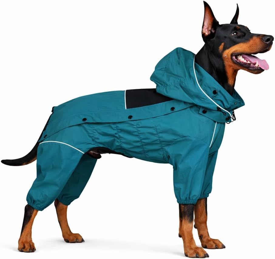 LOVELONGLONG Waterproof Dog Raincoat with Removable Hood – Outdoor Full Body Dog Jacket, Windproof Snowproof Shell Suit – All Season Pet Rain Gear Ocean Teal 3XL