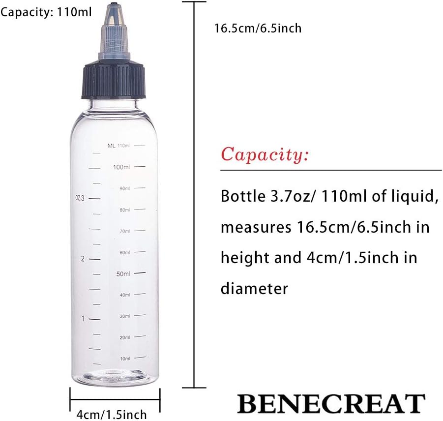 BENECREAT 12 Pack 110ml Transparent Plastic Dispensing Bottle with Twist Cap and Graduated Measurement for Liquids, Inks, Oils, Arts and Crafts