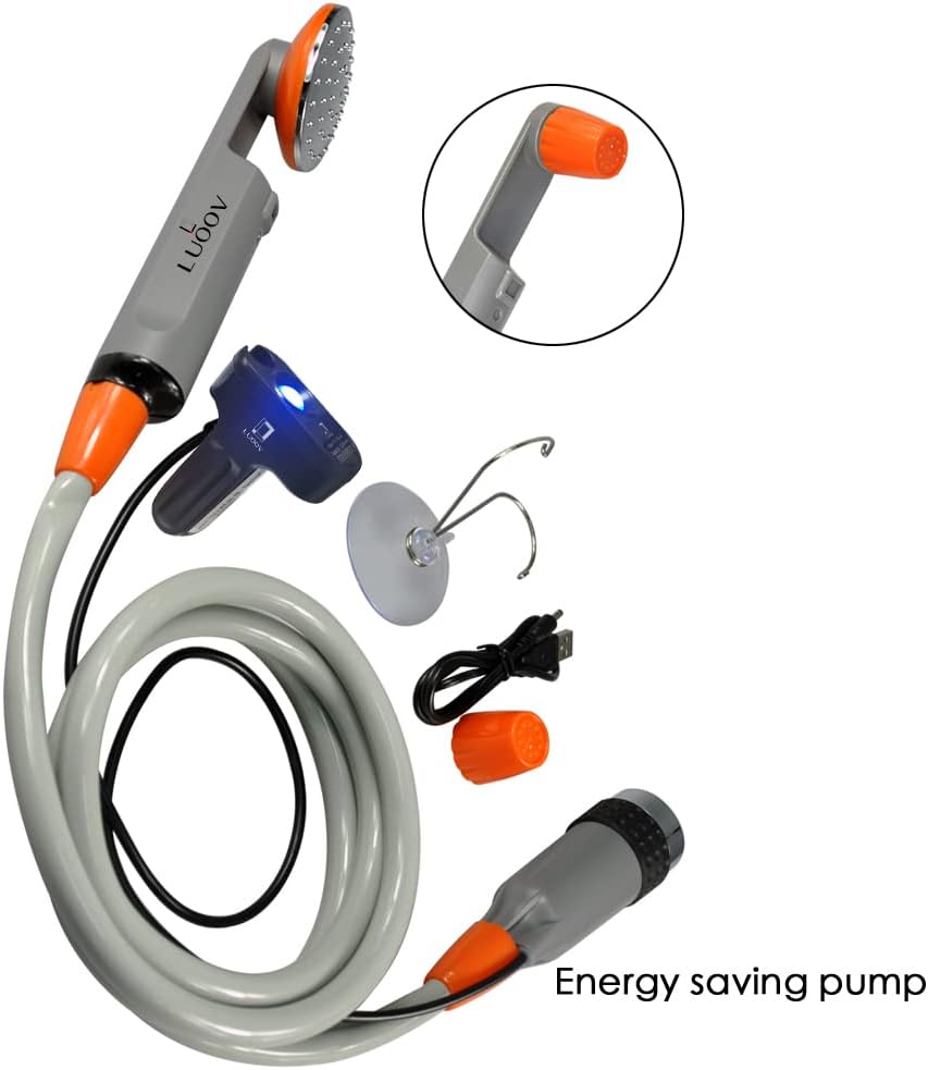 Portable Camping Shower, Compact Shower Pump with USB Rechargeable Battery, Handheld Outdoor Shower Head for Camping, Hiking, Traveling, w/3.7V Pump, 6-Ft Hose, Bidet Head (Upgraded)