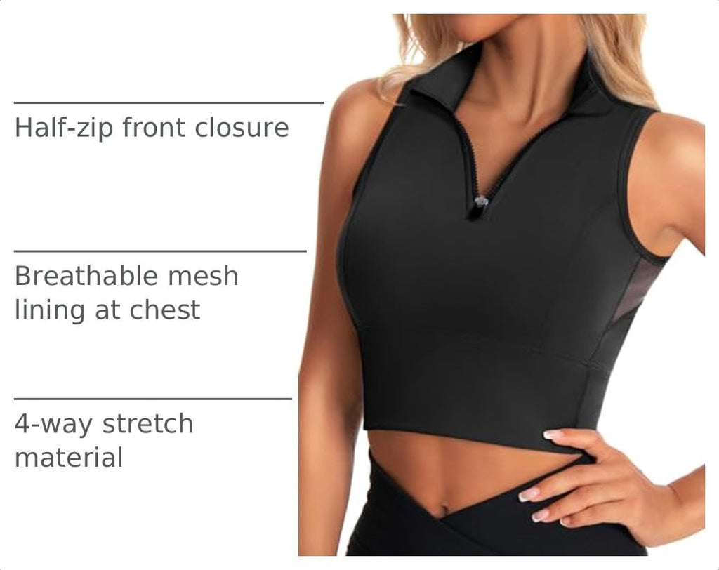 AARYA Zip Front Cropped Workout Tank Tops with Built in Bra