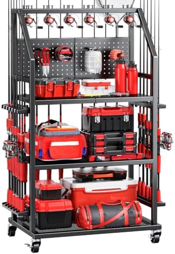 Large Fishing Pole Holders with Wheels for Garage,3 Tier Heavy Duty Metal Fishing Organizer Stand storage 20 Fishing Rod with 4 Hooks and Pegboard for Gear and Equipment Accessories