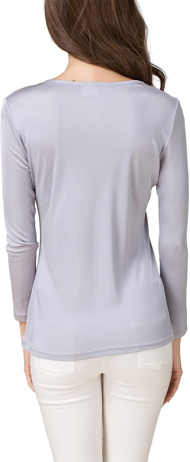 METWAY Women's Mulberry Silk T-Shirt Long Sleeve Pure Silk tee Shirt/Crew Neck Silk Blouse Undershirt