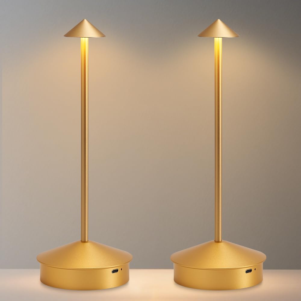 EJQ Cordless Table Lamp,Portable LED Table Light, Rechargeable 6000mAh Battery Operated, 3 Color Stepless Dimming Up Touch Lamp for Restaurant/Bedroom/Bars/Outdoor Party/Camping/Camping Light(Gold)