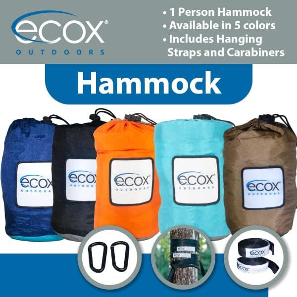 ecox Outdoors Parachute Hammock Single with 2 Tree Straps, Portable Lightweight Nylon Comfortable for Backpacking, Camping, Travel, Beach, Backyard, Patio, Hiking