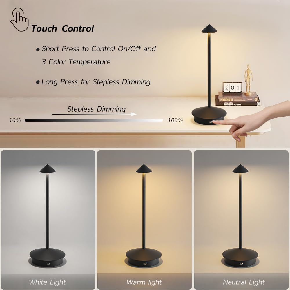 2 Pack Aluminum Cordless Table Lamp, 6000mAh Rechargeable Table Lamps, Portable Touch LED Lamp, Outdoor Waterproof Dimmable Cordless Rechargeable Table Lamps for Restaurant/Patio- Black (BK-Black)