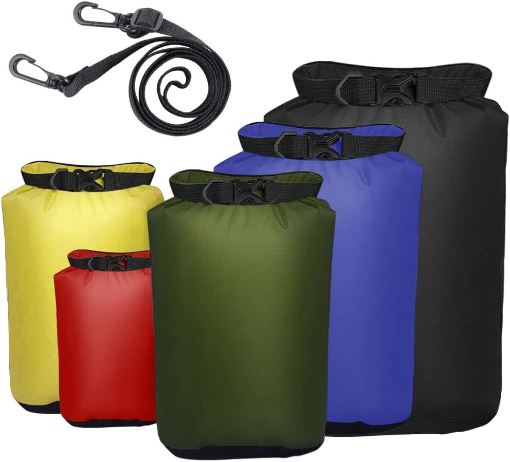 Pimoys 5 Pack Waterproof Dry Sacks, Lightweight Outdoor Dry Bags 20L /12L / 10L/ 6L/ 3.5L Ultimate Dry Bags for Kayaking Camping Rafting Boating