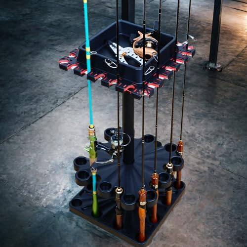 Freestanding Rotating Fishing Rod Rack – No-Drill Lure Rod Stand, Home Display Organizer, Tool-Free Assembly, Holds up to 24 Rods, (With Rolling Wheels)