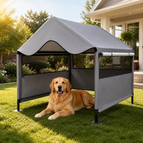 Extra Large Dog Shade Shelter Canopy with UV Protection, Big Dog House Outside, Outdoor Dog Tent with Three-Sided Breathable Mesh Windows, Gray Sun Rain Cover for Pet Sheep Goat 4'x 4'x 3.3'