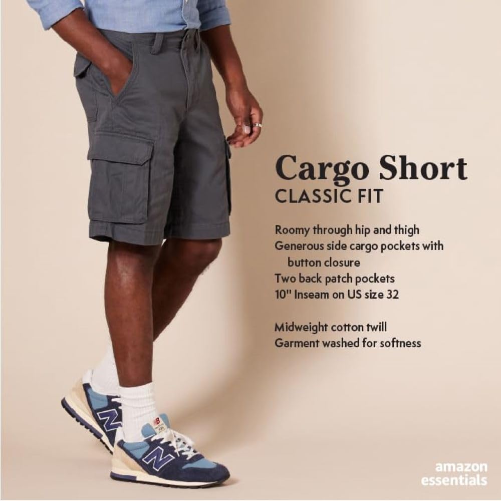 Amazon Essentials Men's 10" Classic-Fit Cotton Twill Cargo Shorts, Multiple Pockets (Available in Big & Tall)