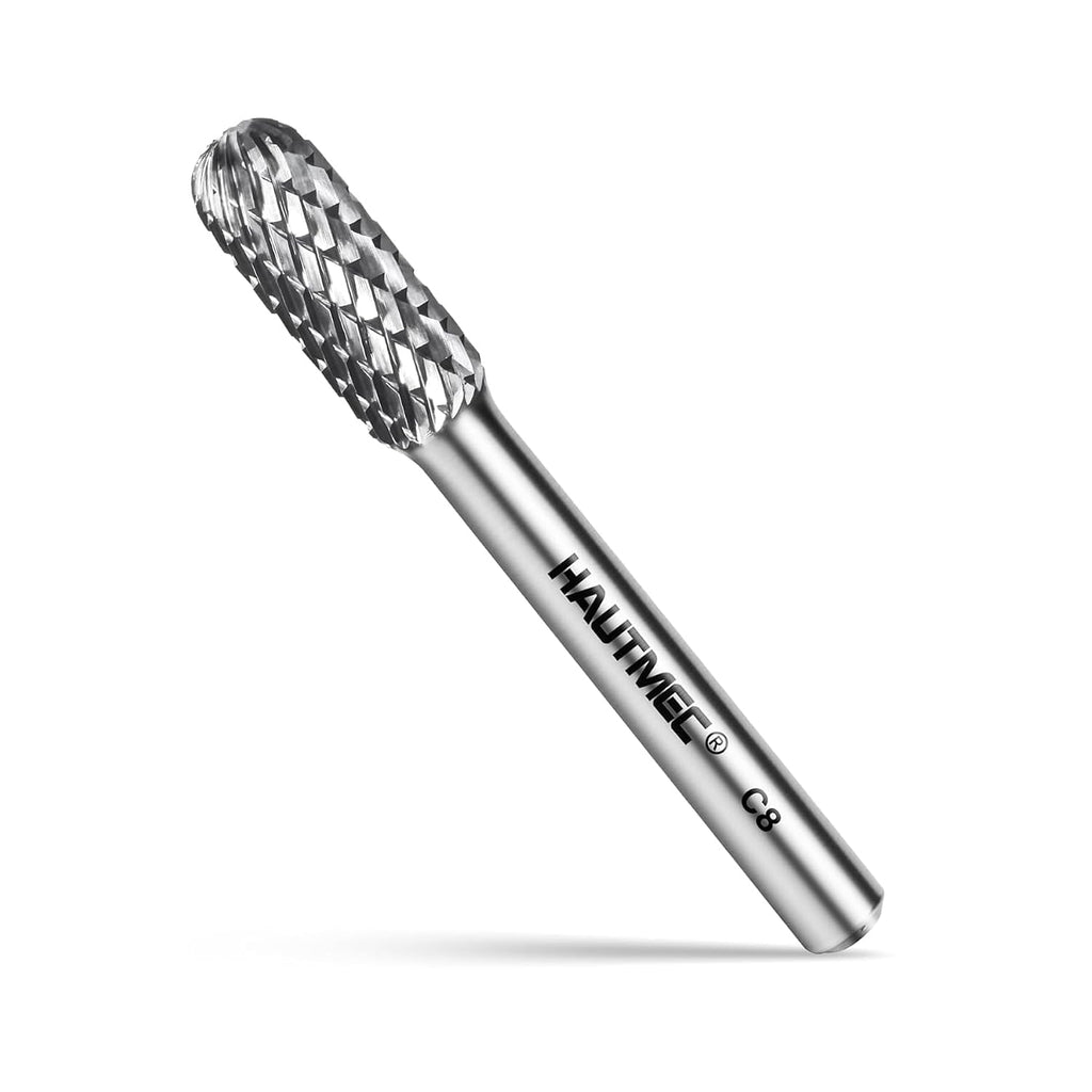 HAUTMEC Tungsten Carbide Rotary Burr Bit YG6, 1/4" Shank Double Cut Die Grinder Bit, Low Vibration Precision Rotary File for Metal Grinding, Engraving & Deburring (8MM Cylindrical Ball End), HT0199