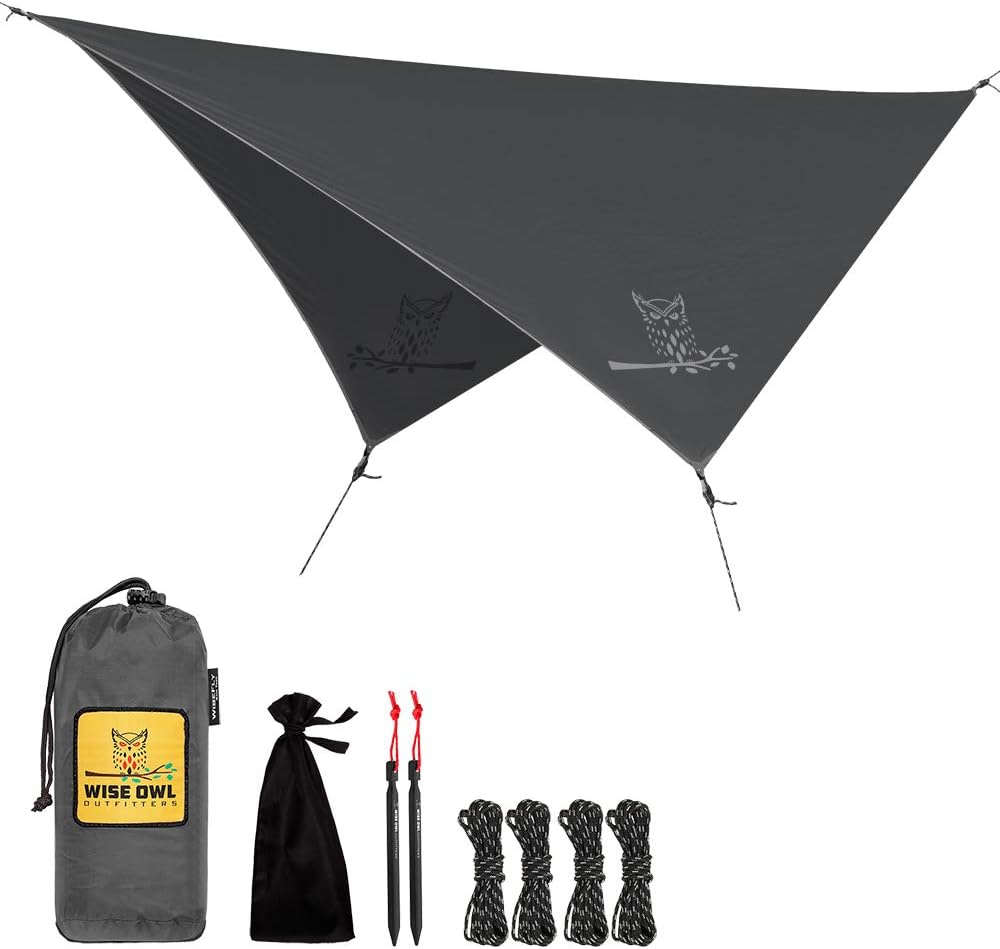 Wise Owl Outfitters Hammock Rain Fly – Waterproof Camping Tarp Cover with Tent Stakes & Carry Bag, Ultralight Shelter for Backpacking & Outdoor Shade