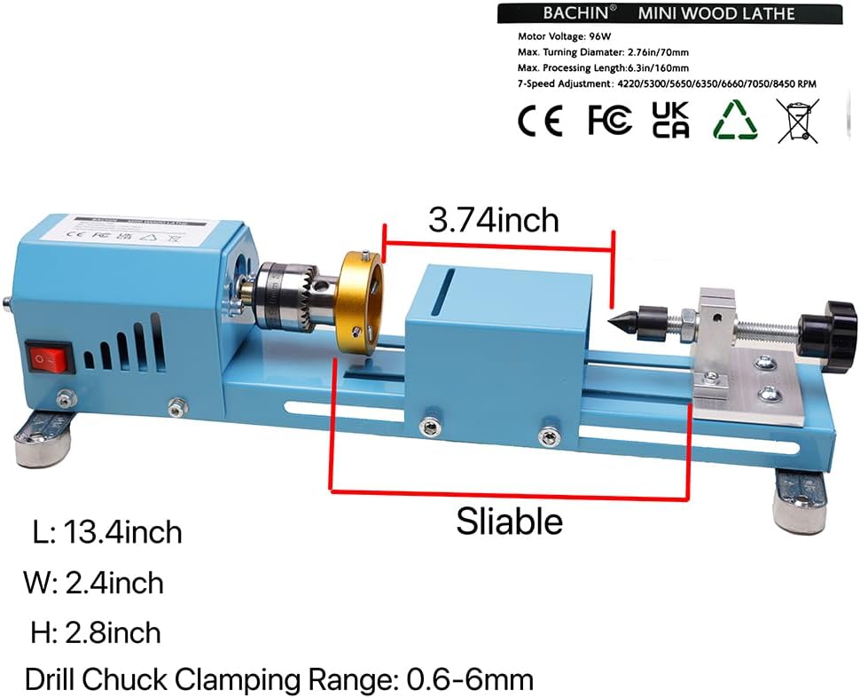Mini Lathe Wood Lathe Machine Multi-Purpose Type Lathe with Wood Lathe Milling Accessories, for Wood Polishing, Grinding, Cutting and Milling ，2.76 in x 6.3 in, 24VDC 96W，7 Speeds