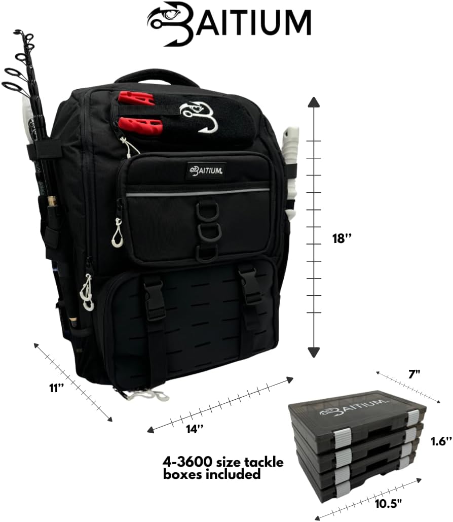 Baitium Fishing Backpack, Tackle Bag With Rod Holders, 40L Capacity With Cooler, Rain Cover, Insulated Pocket, 4 Tackle Trays Included (Jet Black)