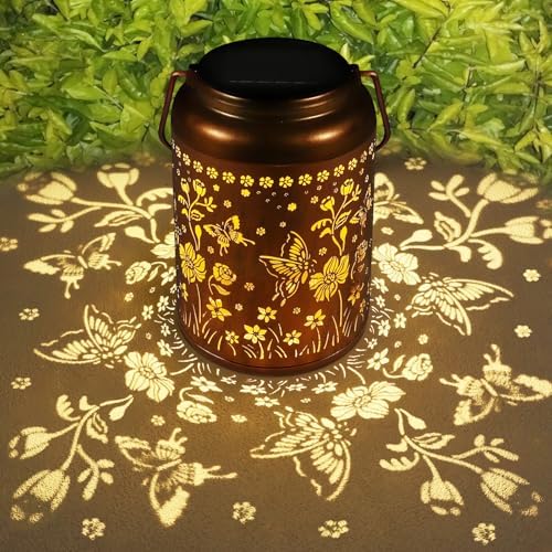 Solar Lantern Outdoor Hanging Lights Christmas Birthday Gifts for Women Mom and Grandma Butterfly Flower Metal Garden Decor Outside Waterproof LED Solar Lanterns for Patio, Yard, Pathway,