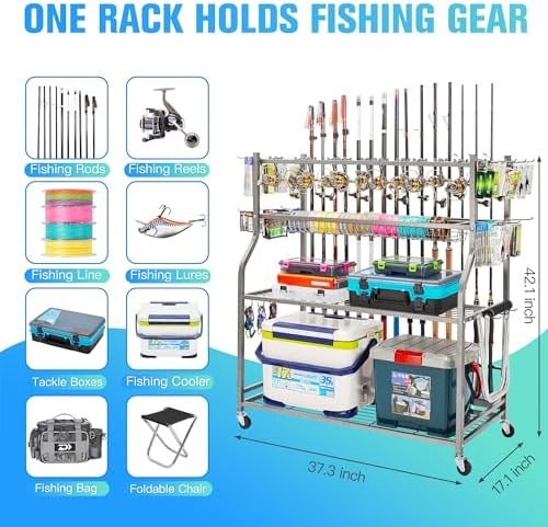 PeBro Fishing Pole Holders, Fishing Rod Holders for Garage, Fishing Rod Holder for Fishing Rod Tackle Box Reel Storage, All-In-One Fishing Rod Rack with Hooks and Wheels