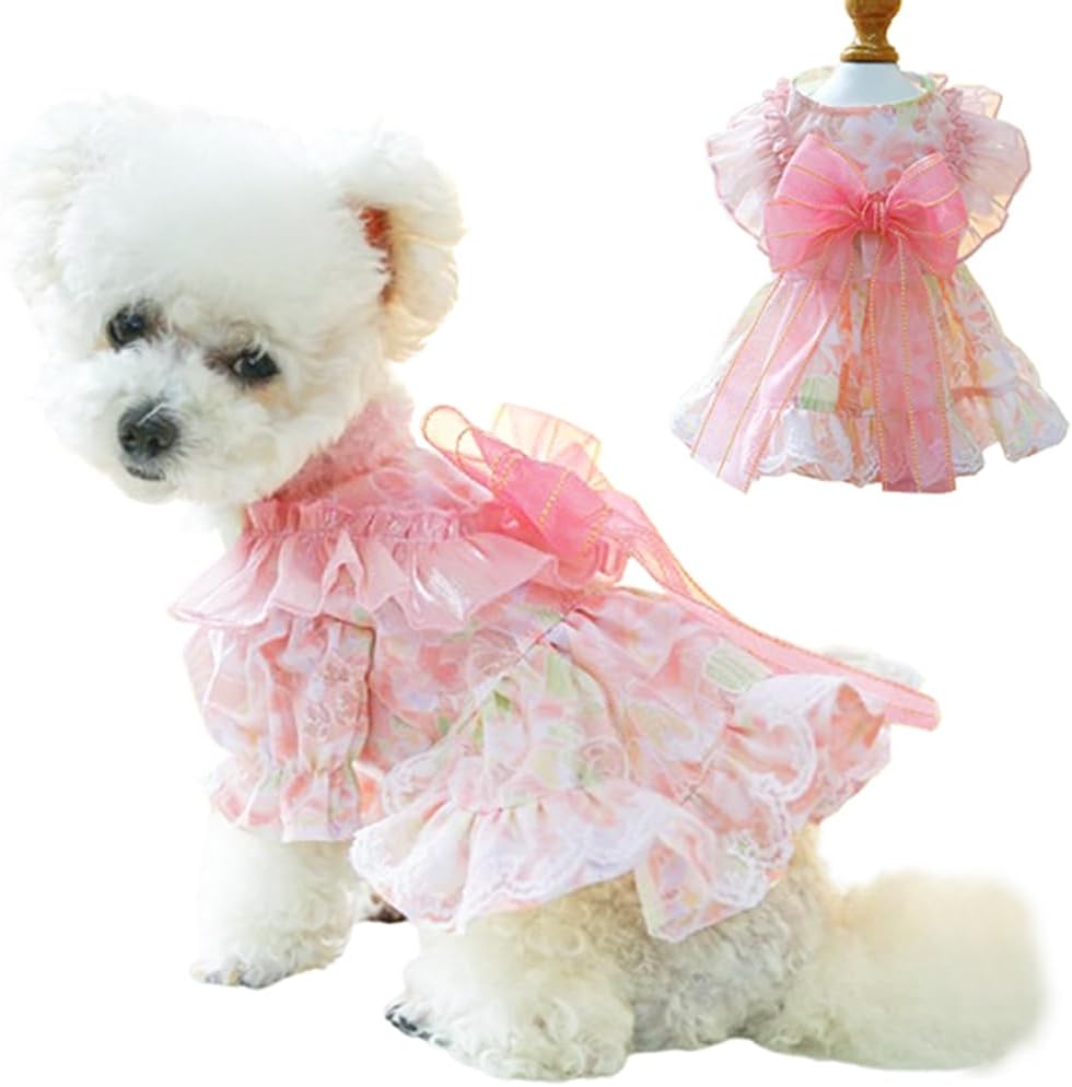 Pink Dog Dress for Small Dog Girl Spring Puppy Clothes with Bow Puff Sleeves Cat Outfit Doggy Princess with Leash Ring Doggies Harness Dress Summer Pet Apparel (Pink, Large)
