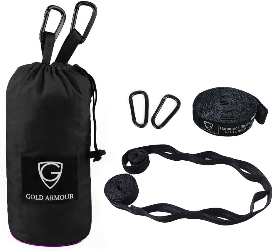 Gold Armour Camping Hammock - XL Double Hammock Portable Hammock Camping Accessories Gear for Outdoor Indoor with Tree Straps, USA Based Brand (Black and Purple)