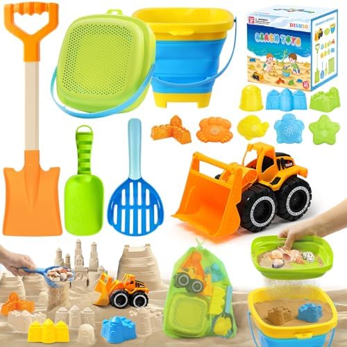 Collapsible Beach Sand Toys for Kids, Sandbox Toys Summer Travel Essentials | Includes Bucket, Sand Shovel, Beach Sifter, Castle Molds, Toddler Beach Toys with Mesh Bag, Outdoor Beach for Kids Girls