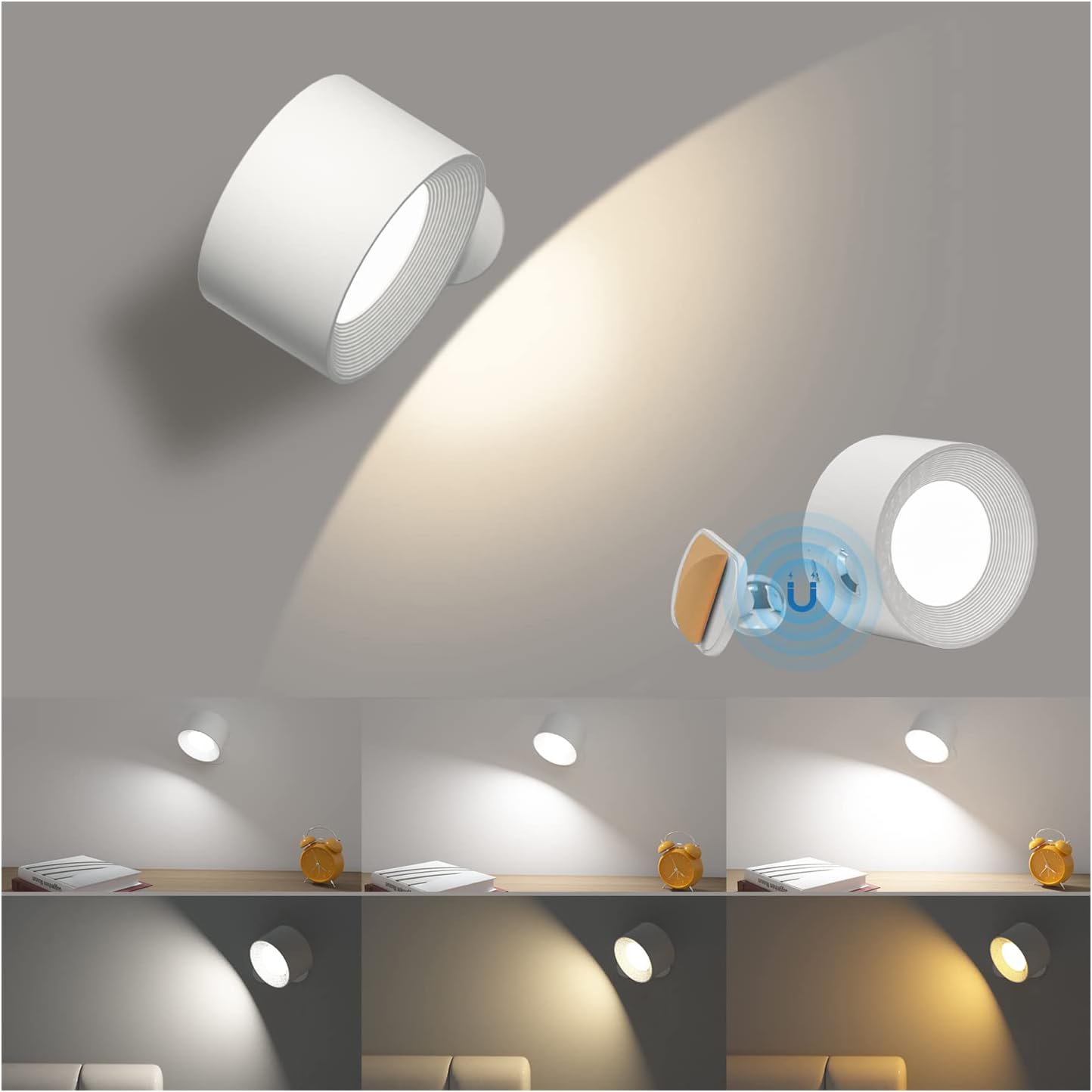 AKSDA 3Pack Battery Operated Wall Sconce, 3 Color Modes 3 Brightness Levels 360°Rotation Lighting Timer Touch & Remote Control, Wall Mounted Lamp LED Wall Lights for Bedroom Reading Bedside (Black)
