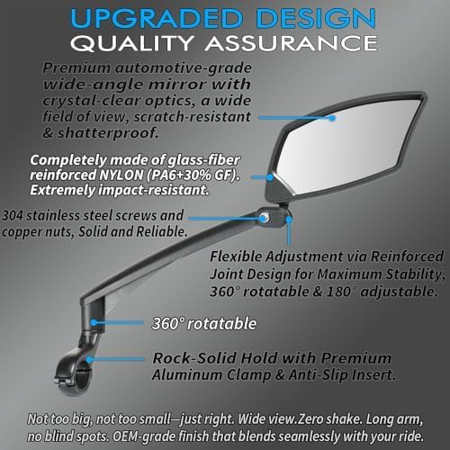 BriskMore Handlebar Bike Mirror - Crystal Clear HD Glass, 360° Adjustable&Foldable Mirror for Safe Riding, Wide Angle Rearview for E-Bikes, Mountain Bikes & Scooters,Bicycle Mirror