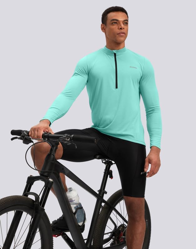 Bikewa Men's Cycling Jersey with 3+1 Rear Zipper Pockets Long Sleeve Moisture Wicking UPF 50+ Half Zip Riding Bike Shirts