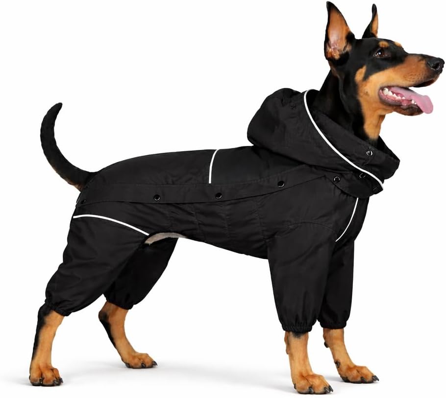 LOVELONGLONG Waterproof Dog Raincoat with Removable Hood – Outdoor Full Body Dog Jacket, Windproof Snowproof Shell Suit – All Season Pet Rain Gear Black 3XL
