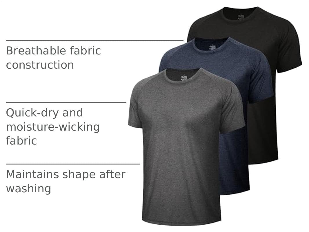 BOOJO 3 Pack Workout Mens Shirts - Quick Dry Causal Moisture Wicking Gym Athletic Short Sleeve T-Shirts for Running Sport