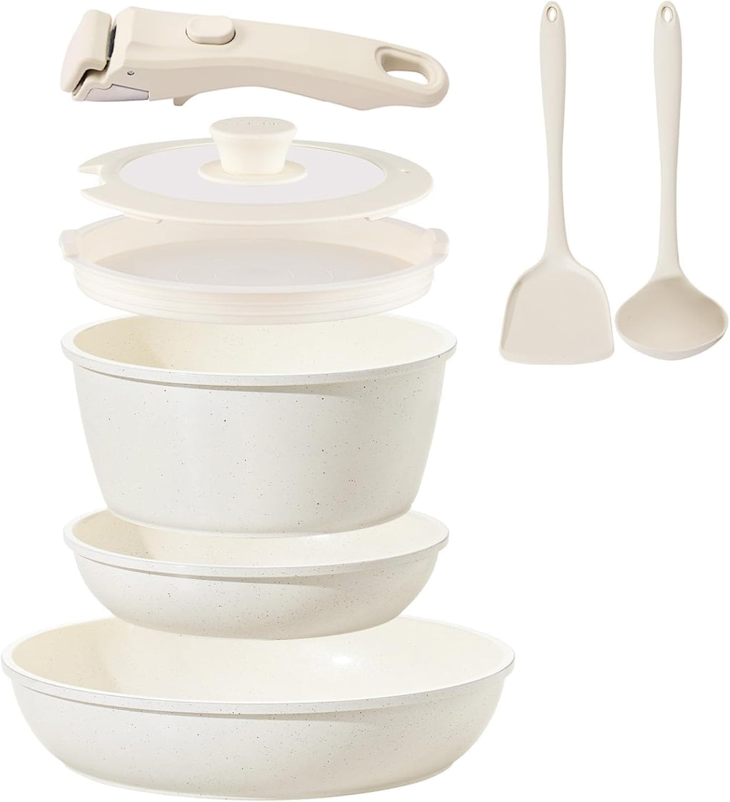 Ceramic Cookware Set Non Stick 8Pcs Pots and Pans Set Detachable Handle Induction Kitchen Cooking Set with Frying Pans Oven Dishwasher Safe, PFAS/PFOA Free, Cream White