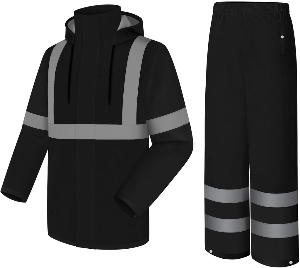 Rain Jacket, High Visibility Rain Coat and Pants, Waterproof Raincoat with Hood, Lightweight Rain Suit for Outdoor Activities, Rain Ponchos for Adults Reusable, Men Women, Black B, 4XL-5XL