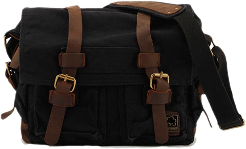 Sechunk Vintage Military Leather Canvas Laptop Bag Messenger Bags Medium