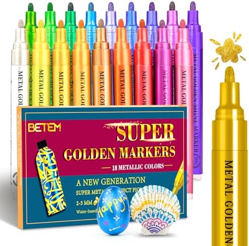 Betem 18 Super Golden Metallic Paint Markers, 2-3mm Tip, Scrapbook Supplies