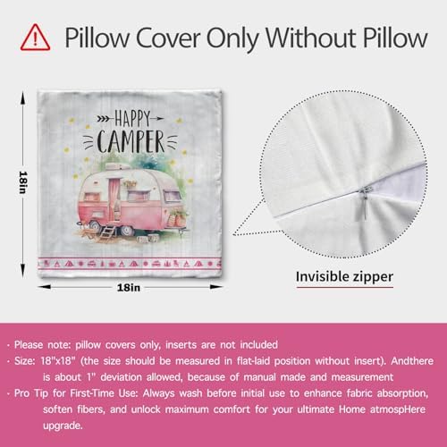 Happy Camper Camping Life Throw Pillow Cover for Camp Lady, 18 x 18 Inch Pink Travel Trailer Campfire Tent Pinetree Holiday Cushion Case Decoration for Sofa Couch Set of 4
