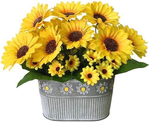 Artificial Flowers Fake Sunflowers in Pot, Faux Silk Flowers Floral Table Centerpiece Decoration, Rustic Potted Greenery for Farmhouse Home Décor