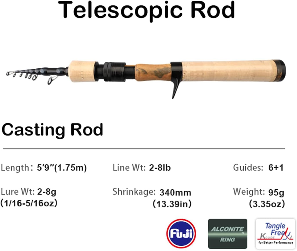PURELURE Telescopic Fishing Rod Ultralight/Light, Portable Travel Rod 5'9''