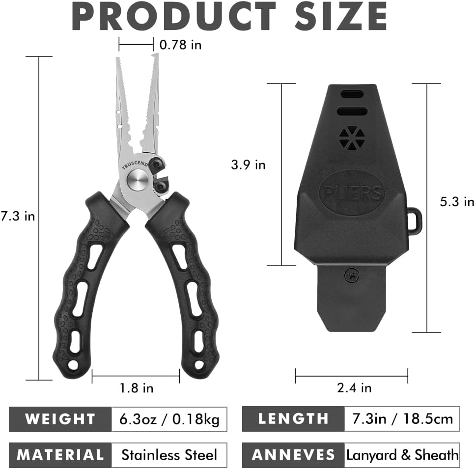 TRUSCEND Easy Use Fishing Pliers with Line Cutter, Stainless Steel Fishing Tools, Muti-Function Hook Remover and Split Ring Plier Set, Spring-Loaded Jaws & Ergonomic Grip, Fishing Gear Gifts for Men