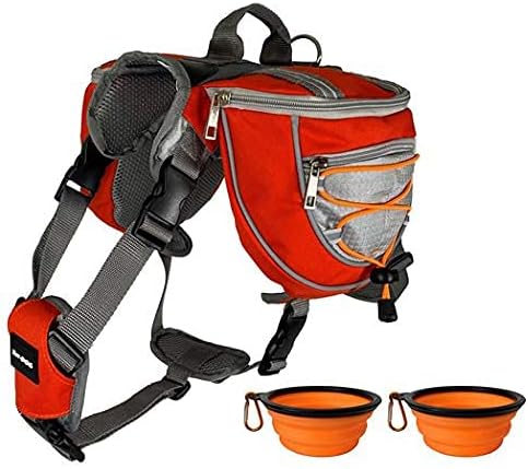 Saddlebag Back Pack & Harness Combo for Dogs 30-100+ lbs. Perfect for Travel, Trail Hiking, & Camping. Reflective, Lightweight, & Comfortable. Comes with Two Collapsible Bowls (Large, Orange)